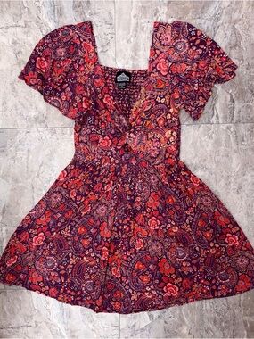 Angie Paisley Floral Mini Dress in Burgundy and Coral Pink